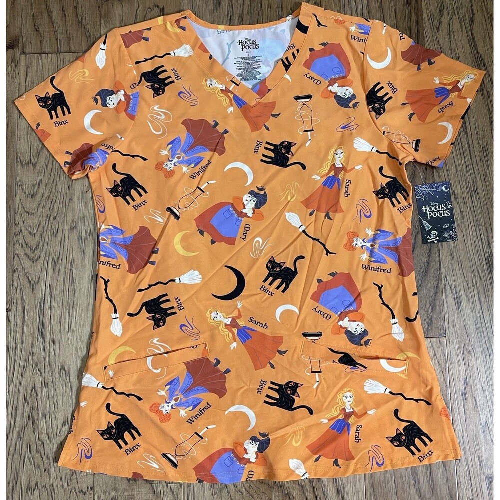 Disney Hocus Pocus V - NECK Scrub Top Halloween Witch Orange Adult Size Sm NWT